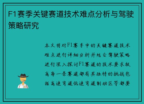 F1赛季关键赛道技术难点分析与驾驶策略研究