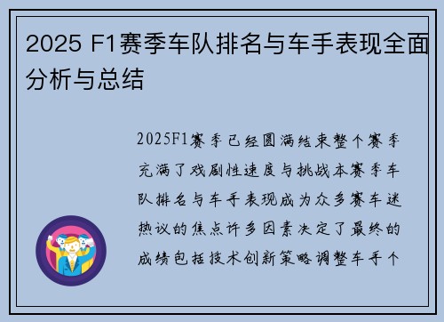 2025 F1赛季车队排名与车手表现全面分析与总结