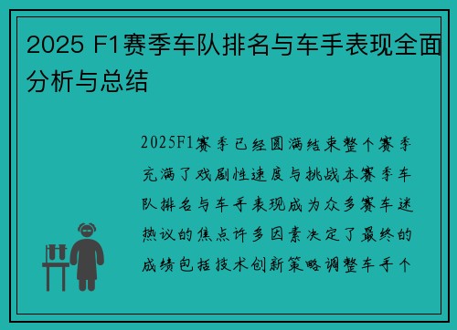 2025 F1赛季车队排名与车手表现全面分析与总结